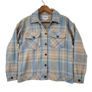Boston Traders Trucker Jacket M Women Shirt Shacket Lt Blue Tan Plaid Wool Nylon